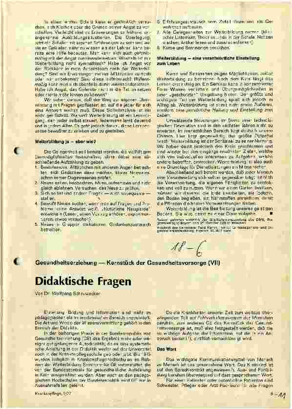 Vorschauseite 1: Didaktische Fragen Gesundheitserziehung - Kernstück der Gesundheitsvorsorge (VII)