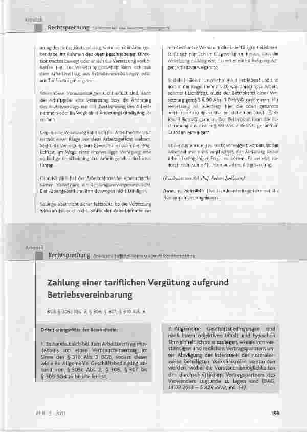 Vorschauseite 1: Zahlung einer tariflichen Vergütung aufgrund Betriebsvereinbarung