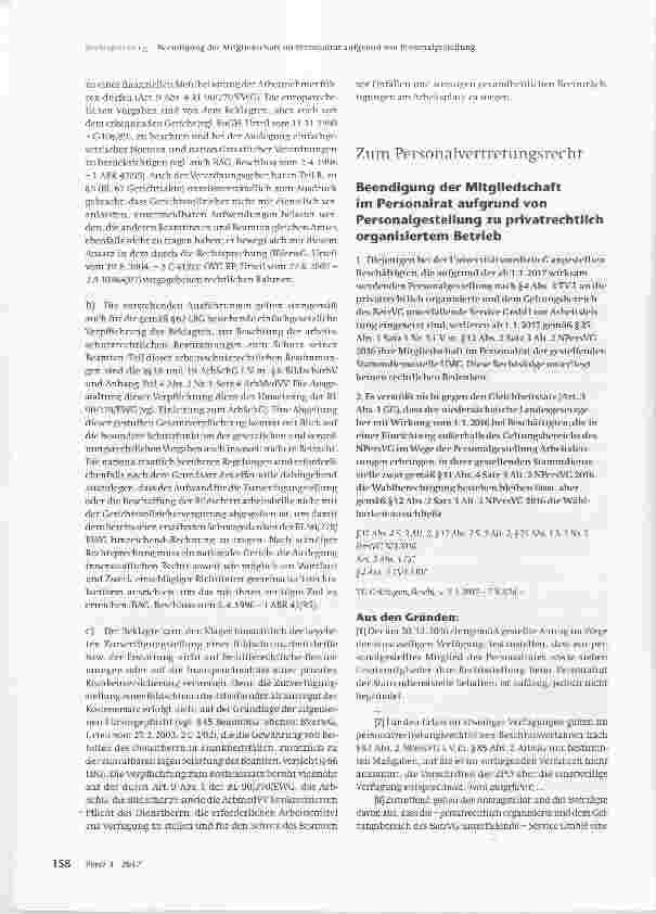 Vorschauseite 1: Beendigung der Mitgliedschaft im Personalrat aufgrund von Personalgestellung zu privatrechtlich organisiertem Betrieb