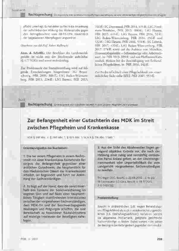 Vorschauseite 1: Zur Befangenheit einer Gutachterin des MDK im Streit zwischen Pflegeheim und Krankenkasse