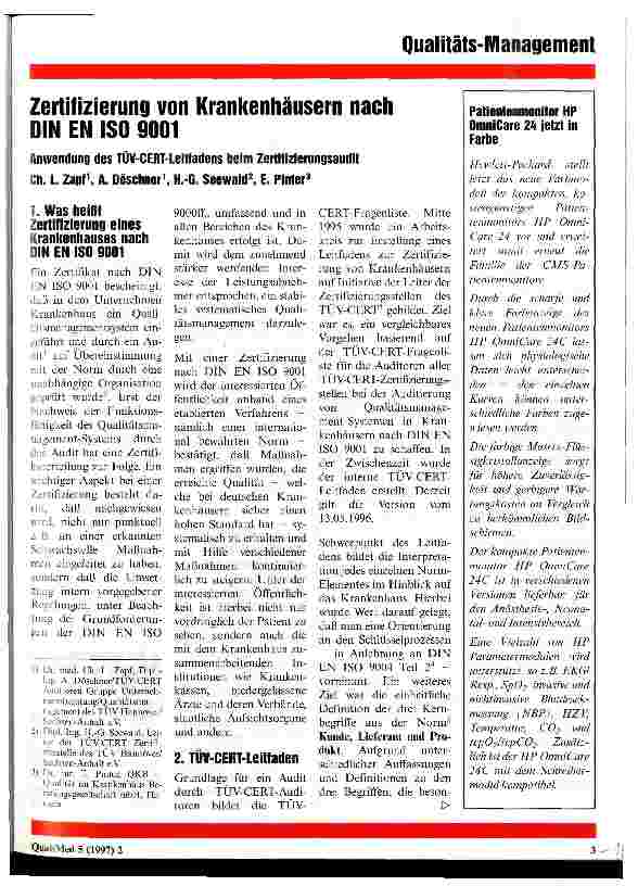 Vorschauseite 1: Zertifizierung von Krankenhäusern nach DIN EN ISO 9001 Anwendung des TÜV-CERT-Leitfadens beim Zertifizierungsaudit