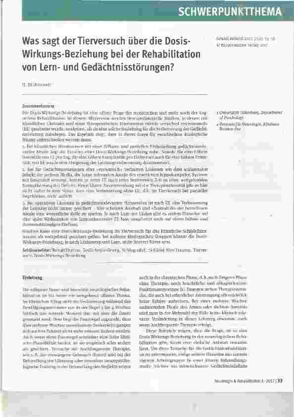 Vorschauseite 1: Was sagt der Tierversuch über die Dosis-Wirkungs-Beziehung bei der Rehabilitation von Lernund Gedächtnisstörungen?