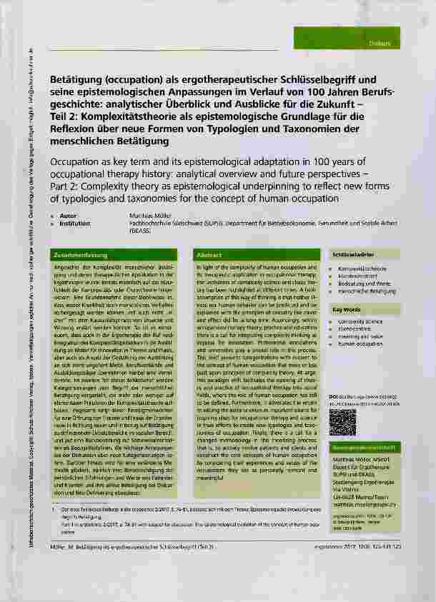 Vorschauseite 1: Betätigung (occupation) als ergotherapeutischer Schlüsselbegriff und seine epistemologischen Anpassungen im Verlauf von 100 Jahren Berufsgeschichte