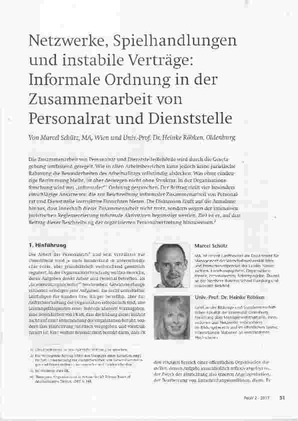 Vorschauseite 1: Netzwerke, Spielhandlungen und instabile Verträge: Informale Ordnung in der Zusammenarbeit von Personalrat und Dienststelle