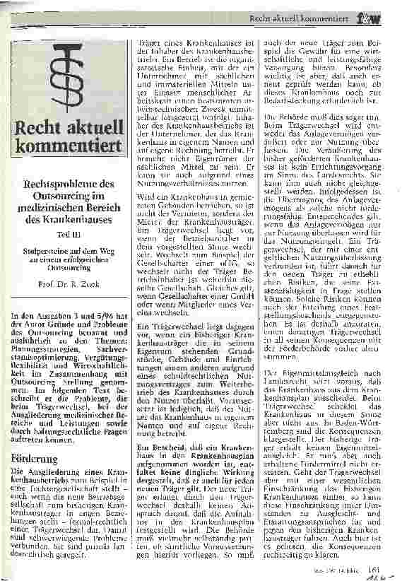Vorschauseite 1: Rechtsprobleme des Outsourcing im medizinischen Bereich des Krankenhauses Teil III Stolpersteine auf dem weg zu einem erfolgreichen Outsourcing