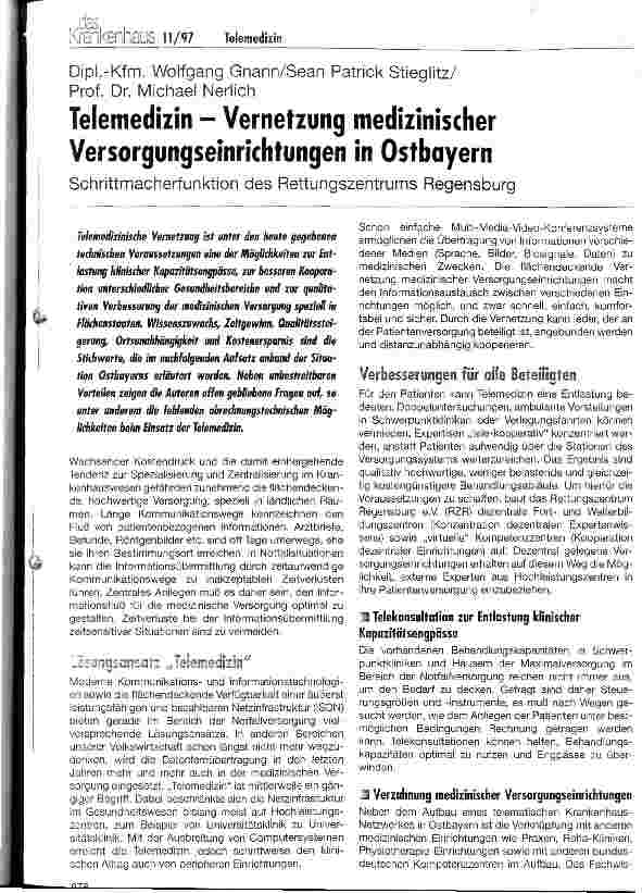 Vorschauseite 1: Telemedizin - Vernetzung medizinischer Versorgungseinrichtungen in Ostbayern Schrittmacherfunktion des Rettungszentrums Regensburg