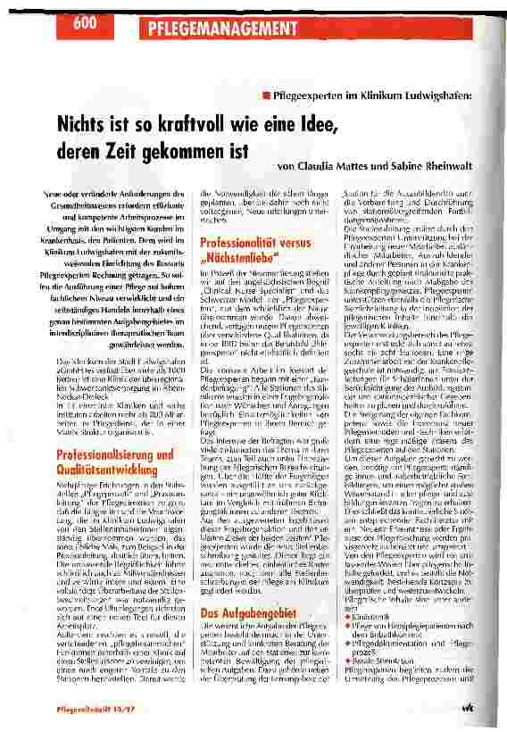 Vorschauseite 1: Nichts ist so kraftvoll wie eine Idee, deren Zeit gekommen ist Pflegeexperten im Klinikum Ludwigshafen