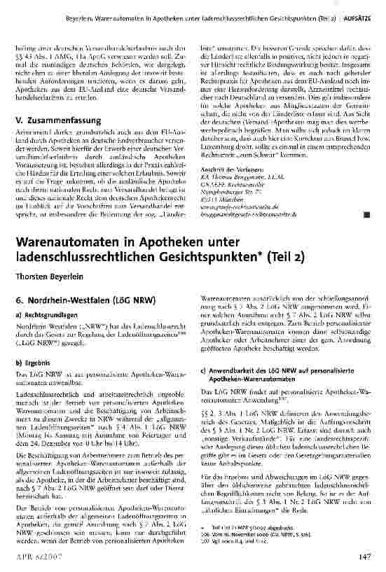 Vorschauseite 1: Warenautomaten in Apotheken unter ladenschlussrechtlichen Gesichtspunkten* (Teil 2)
