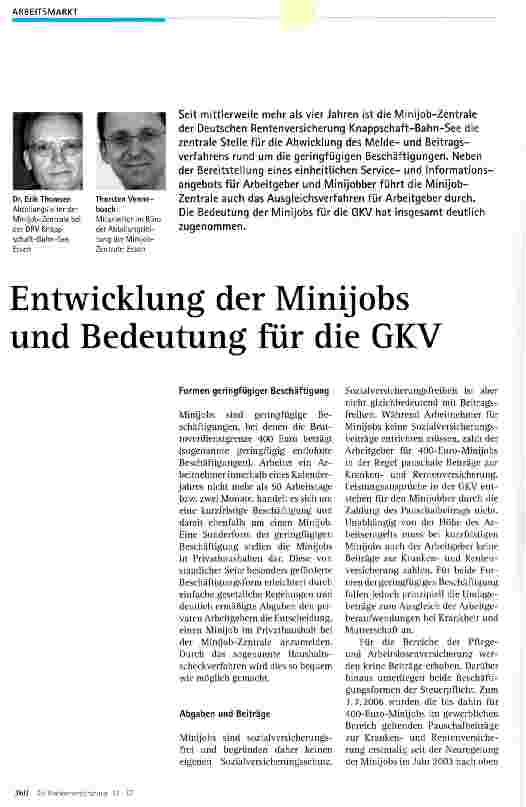 Vorschauseite 1: Entwicklung der Minijobs und Bedeutung für die GKV