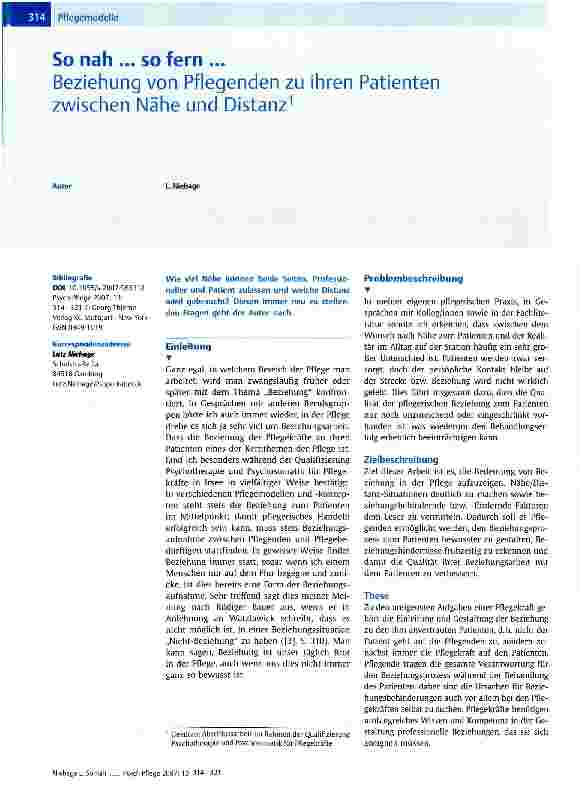 Vorschauseite 1: So nah ... so fern ...Beziehung von Pflegenden zu ihren Patienten zwischen Nähe und Distanz