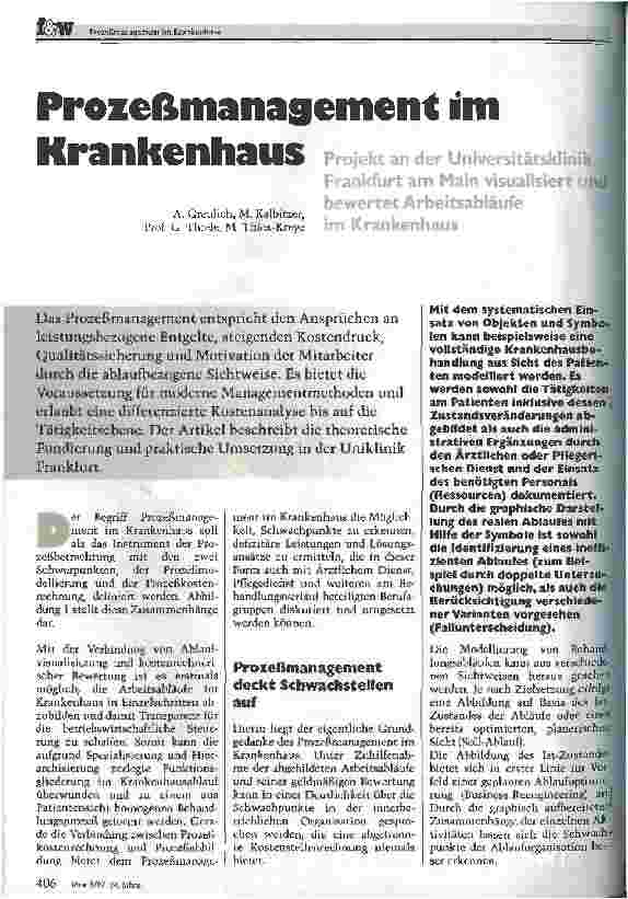 Vorschauseite 1: Prozeßmanagment im Krankenhaus Projekt an der Universitätsklinik Frankfurt am Main visualisiert und bewertet Arbeitsabläufe im Krankenhaus
