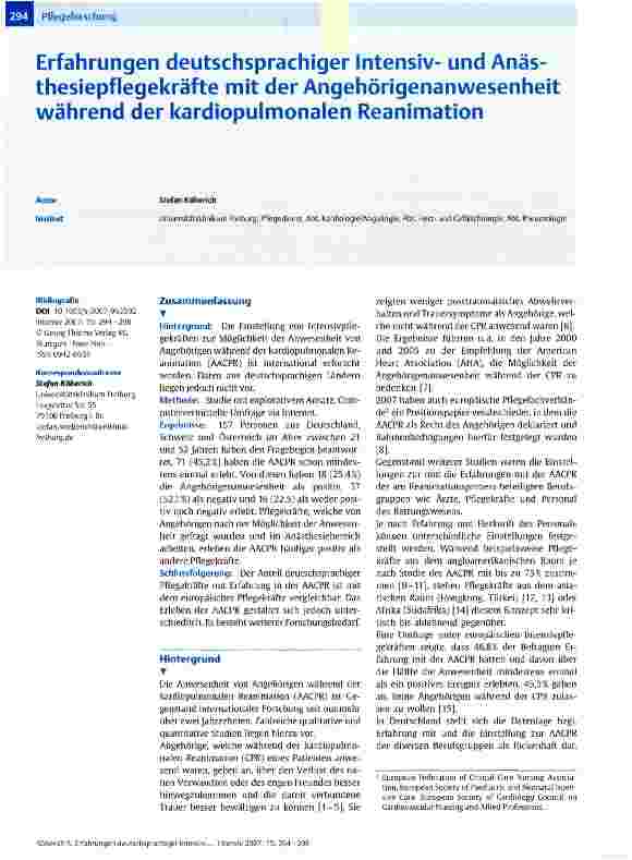 Vorschauseite 1: Erfahrungen deutschsprachiger Intensivund Anästhesiepflegekräfte mit der Angehörigenanwesenheit während der kardiopulmonalen Reanimation