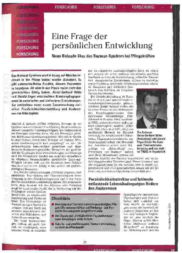 Vorschauseite 1: Eine Frage der persönlichen Entwicklung Neue Befunde über das Burnout-Syndrom bei Pflegekräften