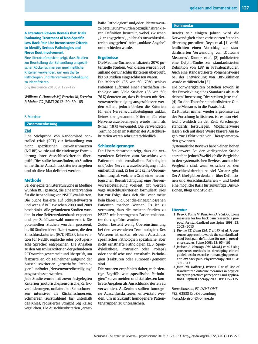 Vorschauseite 1: A Literature Review Reveals that Trials Evaluating Treatment of Non-Specific Low Back Pain Use Inconsistent Criteria to Identify Serious Pathologies and Nerve Root Involvement