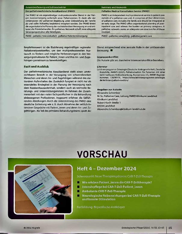 Vorschauseite 3: Der palliativmedizinische Konsiliardienst (PMKD) - Rolle und Aufgaben in der Betreuung onkologischer Patientinnen.