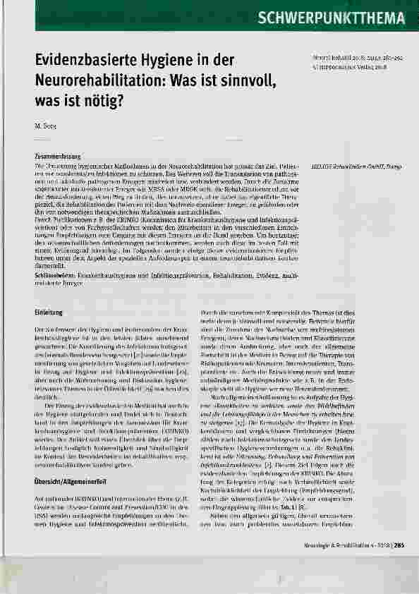 Vorschauseite 1: Evidenzbasierte Hygiene in der Neurorehabilitation: Was ist sinnvoll, was ist nötig?