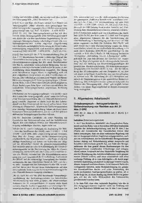 Vorschauseite 1: Urlaubsanspruch - Antragserfordernis - Geltendmachung von Rechten aus Art. 31 Abs.2 GRC