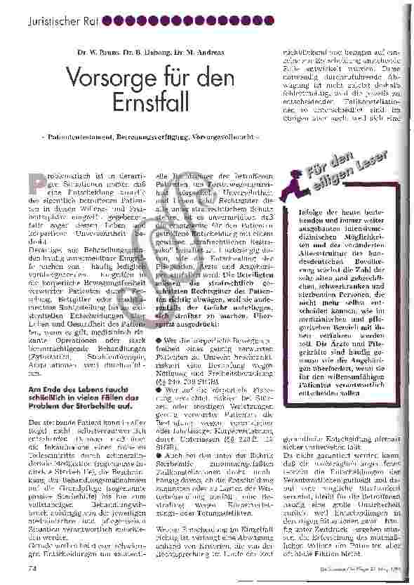 Vorschauseite 1: Vorsorge für den Ernstfall Patiententestament, Betreuungsverfügung, Vorsorgevollmacht