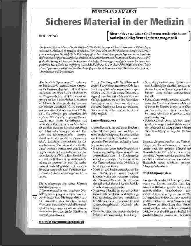 Vorschauseite 1: Sicheres Material in der Pflege Alternativen zu Latex sind immer noch sehr teuer/Antimikrobieller Venenkatheter vorgestellt