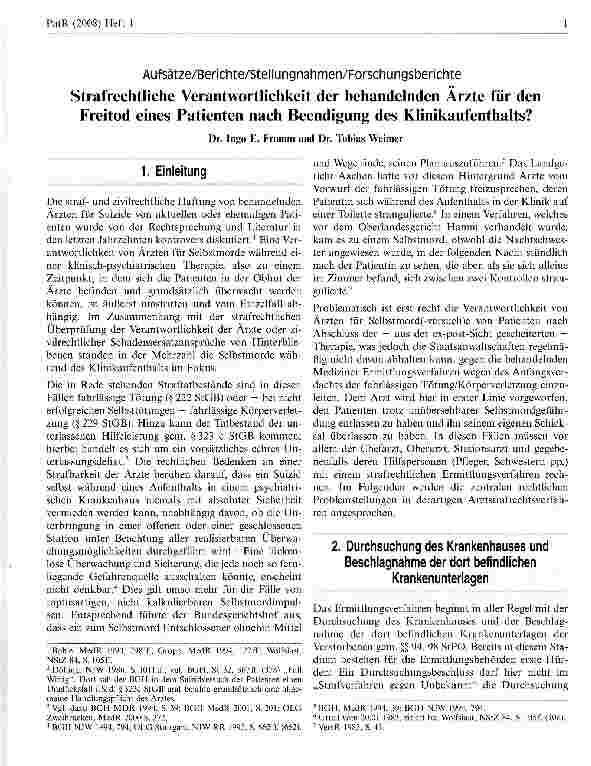 Vorschauseite 1: Strafrechtliche Verantwortlichkeit der behandelnden Arzte für den Freitod eines Patienten nach Beendigung des Klinikaufenthalts?