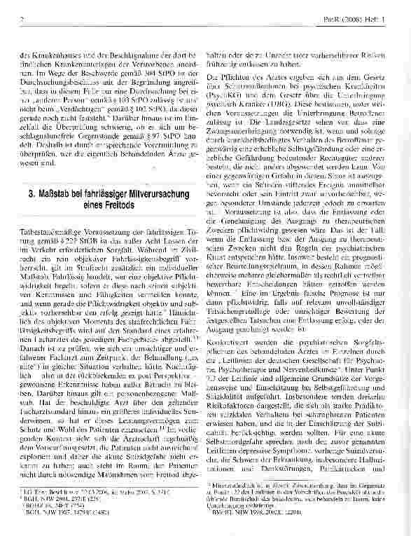 Vorschauseite 2: Strafrechtliche Verantwortlichkeit der behandelnden Arzte für den Freitod eines Patienten nach Beendigung des Klinikaufenthalts?
