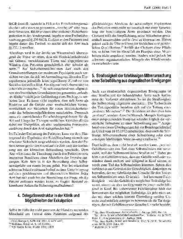 Vorschauseite 4: Strafrechtliche Verantwortlichkeit der behandelnden Arzte für den Freitod eines Patienten nach Beendigung des Klinikaufenthalts?