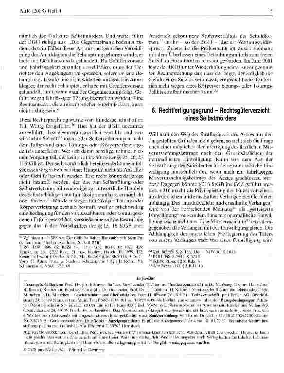 Vorschauseite 5: Strafrechtliche Verantwortlichkeit der behandelnden Arzte für den Freitod eines Patienten nach Beendigung des Klinikaufenthalts?