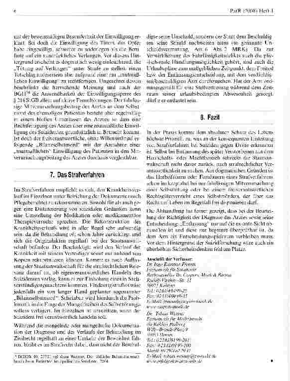 Vorschauseite 6: Strafrechtliche Verantwortlichkeit der behandelnden Arzte für den Freitod eines Patienten nach Beendigung des Klinikaufenthalts?