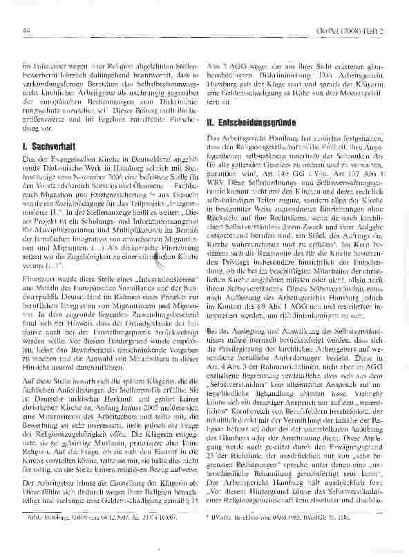 Vorschauseite 2: AGG und kirchMches Selbstbestimmungsrecht -wackelt das Kirchenprivileg bei Stellenausschreibungen?