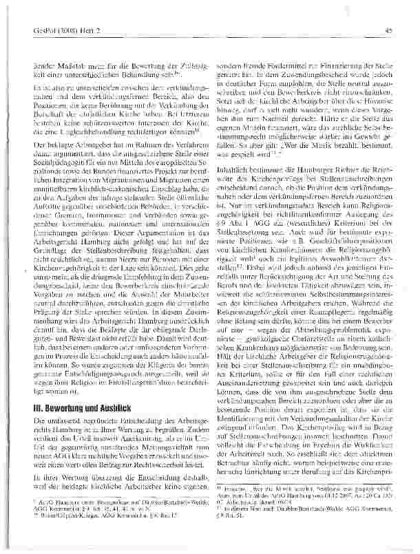 Vorschauseite 3: AGG und kirchMches Selbstbestimmungsrecht -wackelt das Kirchenprivileg bei Stellenausschreibungen?