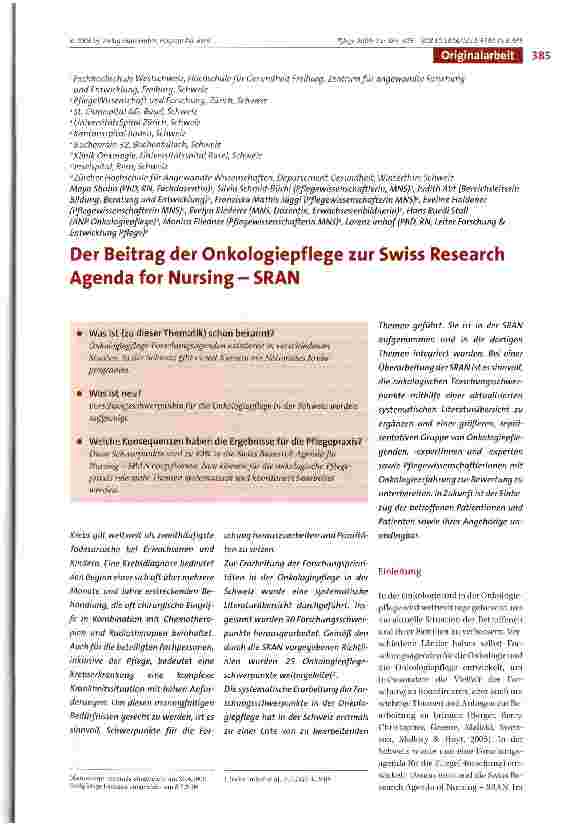 Vorschauseite 1: Der Beitrag der Onkologiepflege zur Swiss Research Agenda for Nursing - SRAN