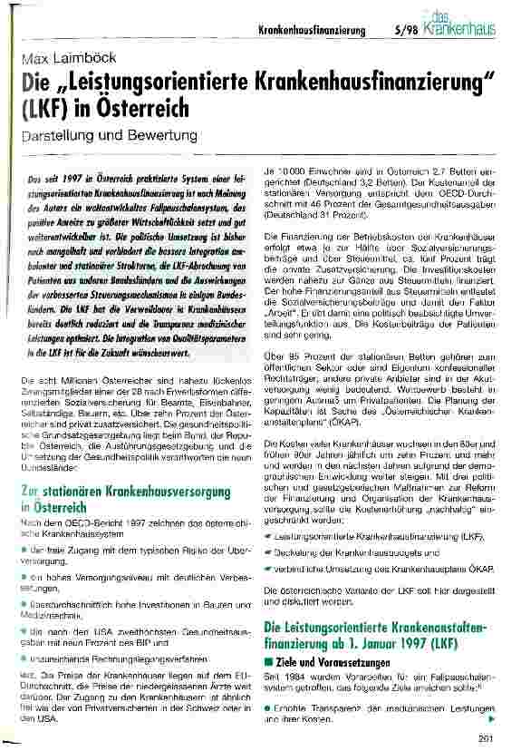 Vorschauseite 1: Die Leistungsorientierte Krankenhausfinanzierung (LKF) in Österreich Darstellung und Bewertung
