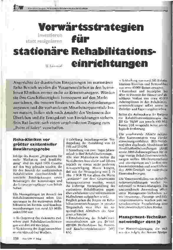 Vorschauseite 1: Vorwärtsstrategien für stationäre Rehabilitationseinrichtungen Investieren statt resignieren