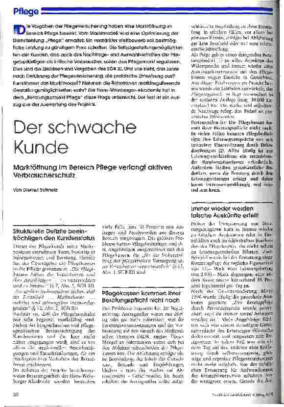 Vorschauseite 1: Der schwache Kunde Marktöffnung im Bereich Pflege verlangt aktiven Verbraucherschutz