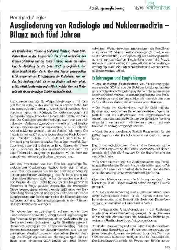 Vorschauseite 1: Ausgliederung von Radiologie und Nuklearmedizin - Bilanz nach fünf Jahren
