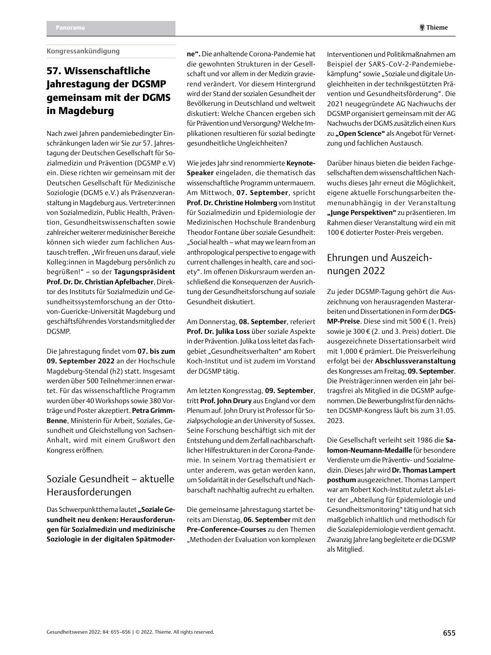 Vorschauseite 1: 57. Wissenschaftliche Jahrestagung der DGSMP gemeinsam mit der DGMS in Magdeburg