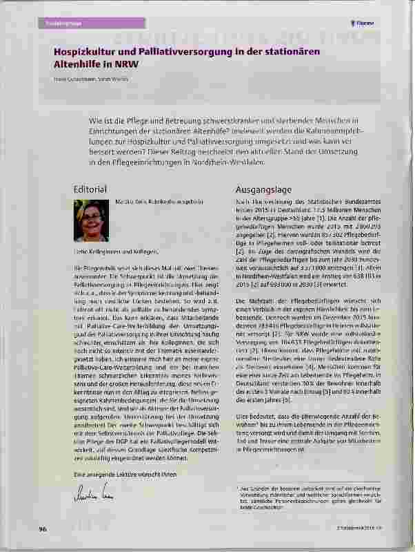 Vorschauseite 1: Hospizkultur und Palliativversorgung in der stationären Altenhilfe in NRW