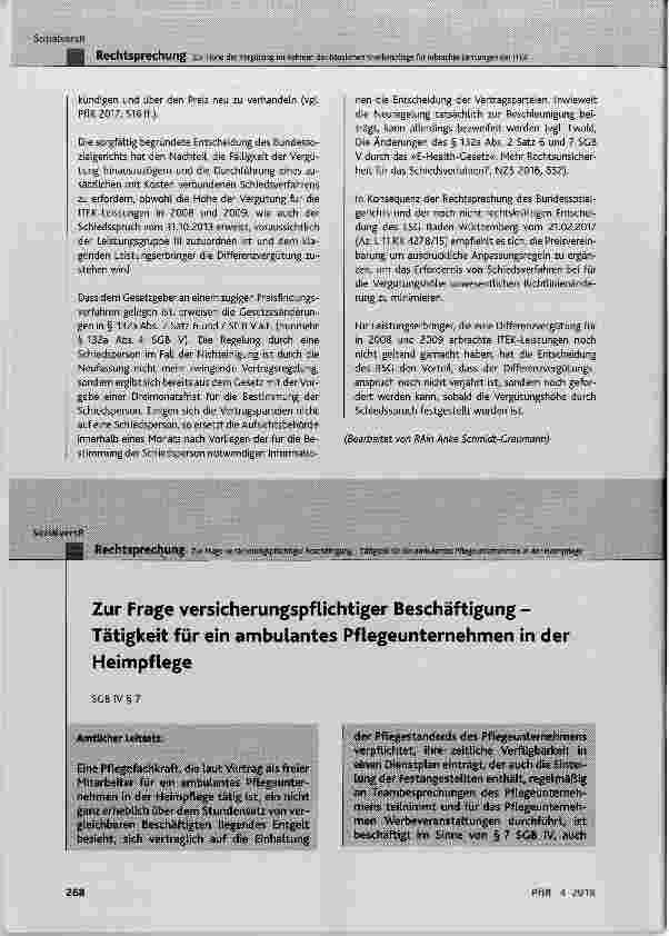Vorschauseite 1: Zur Frage verskherungspfUchtiger Beschäftigung Tätigkeit für ein ambulantes Pflegeunternehmen in der Heimpflege
