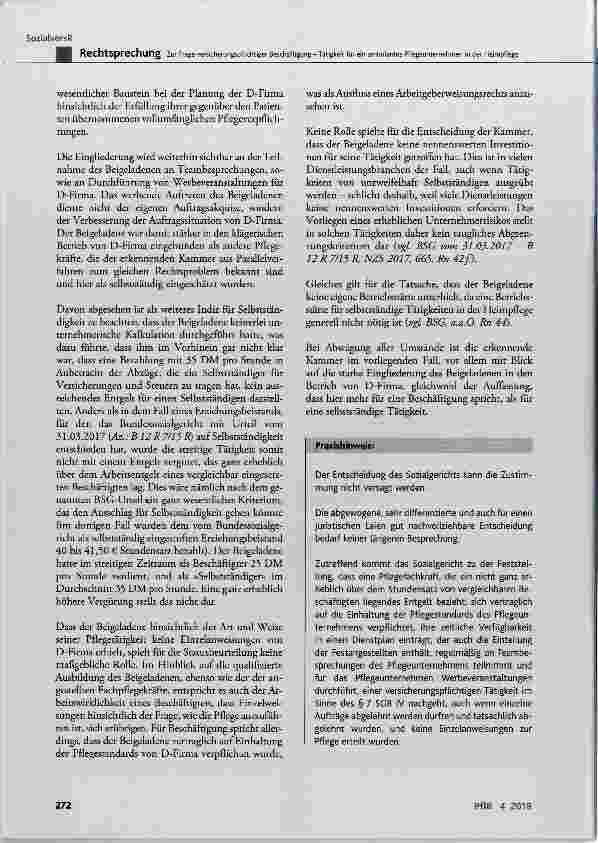 Vorschauseite 5: Zur Frage verskherungspfUchtiger Beschäftigung Tätigkeit für ein ambulantes Pflegeunternehmen in der Heimpflege