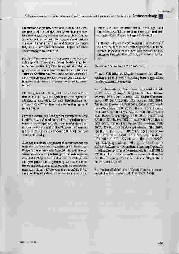 Vorschauseite 6: Zur Frage verskherungspfUchtiger Beschäftigung Tätigkeit für ein ambulantes Pflegeunternehmen in der Heimpflege