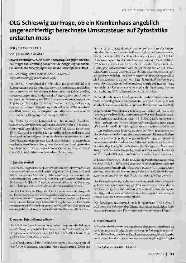 Vorschauseite 1: OLG Schleswig zur Frage, ob ein Krankenhaus angeblich ungerechtfertigt berechnete Umsatzsteuer auf Zytostatika erstatten muss