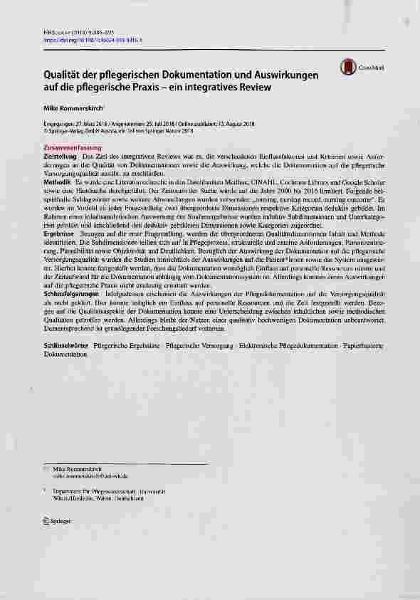 Vorschauseite 1: Qualität der pflegerischen Dokumentation und Auswirkungen auf die pflegerische Praxis ein intégratives Review