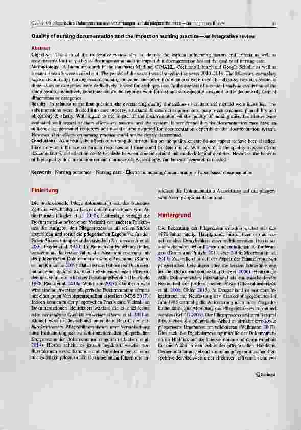 Vorschauseite 2: Qualität der pflegerischen Dokumentation und Auswirkungen auf die pflegerische Praxis ein intégratives Review