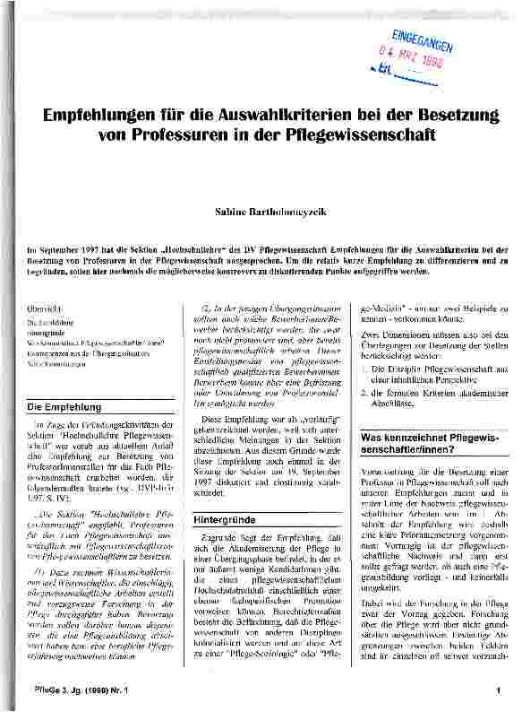 Vorschauseite 1: Empfehlungen für die Auswahlkriterien bei der Besetzung von Professuren in der Pflegewissenschaft
