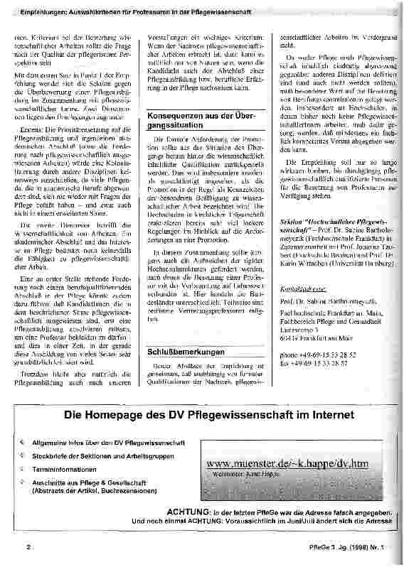 Vorschauseite 2: Empfehlungen für die Auswahlkriterien bei der Besetzung von Professuren in der Pflegewissenschaft
