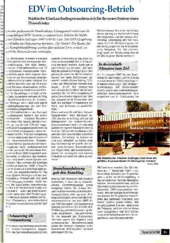 Vorschauseite 1: EDV im Outsourcing-Betrieb Städtische Kliniken Esslingen suchten sich für ihr neues System einen Dienstleister