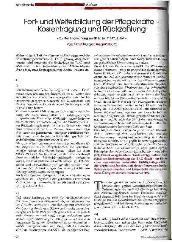 Vorschauseite 1: Fortund Weiterbildung der Pflegekräfte - Kostentragung und Rückzahlung Rechtsprechung