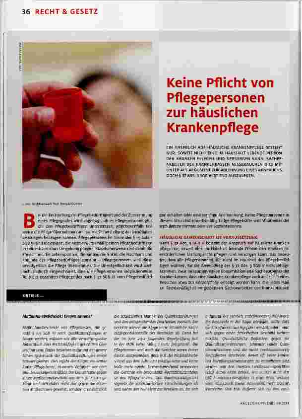 Vorschauseite 1: Keine Pflicht von Pflege personen zur häuslichen Krankenpflege