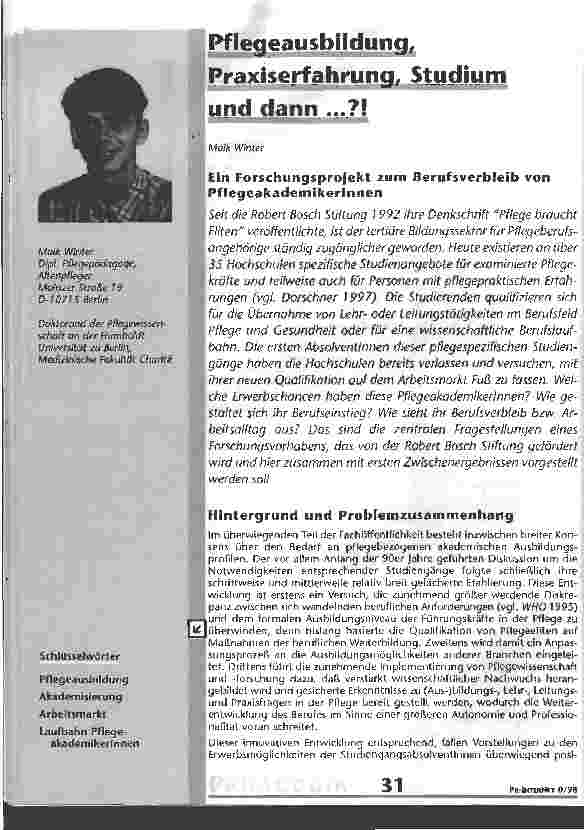 Vorschauseite 1: Pflegeausbildung, Praxiserfahrung, Studium und dann...?!