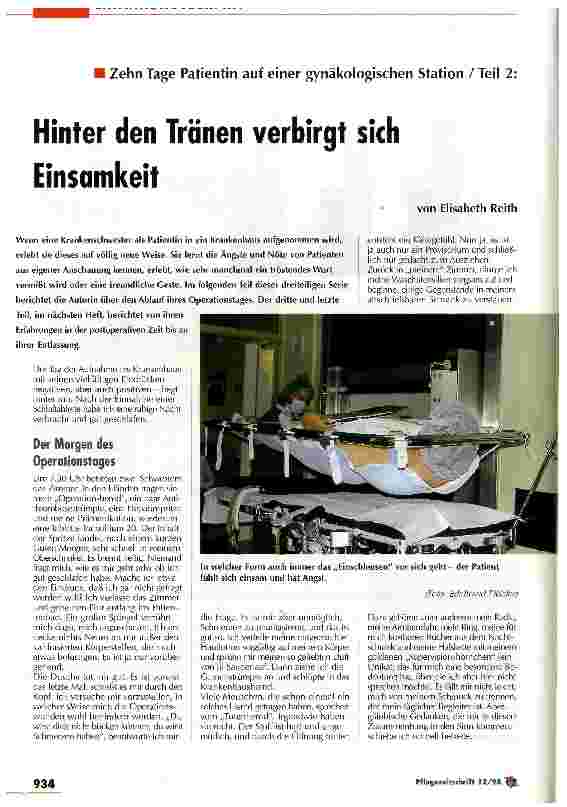 Vorschauseite 1: Zehn Tage Patientin auf einer gynäkologischen Station / Teil 2 : Hinter den Tränen verbirgt sich Einsamkeit